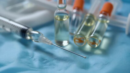 Medical ampoule and vials with orange caps, hypodermic syringe on blue surgical cloth. - Powered by Adobe