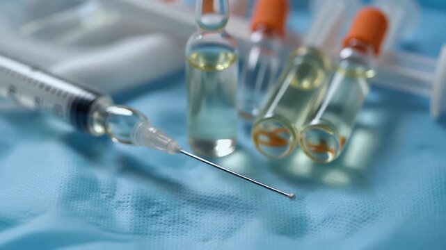 Medical ampoule and vials with orange caps, hypodermic syringe on blue surgical cloth.