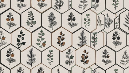 Botanical illustrations in hexagonal tiles, suitable for seamless patterns, textile designs, or naturethemed graphic projects. Ideal for creative backgrounds.