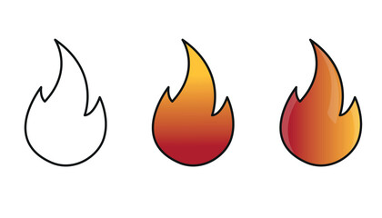 Minimalist Fire Icon Set – Outline, Flat Color, and Gradient Shadow Style | Vector Flame Illustration