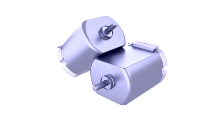 DC Electric Motors - An electric motor resting on the edge of another electric motor. 3D rendering isolated on white background. Ideal for professionals, educational, engineering, industrial design