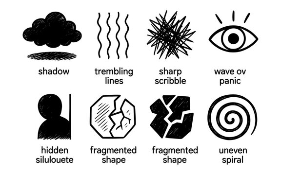 Abstract doodles with hand-drawn crayon effect highlighting anxiety and disorder themes