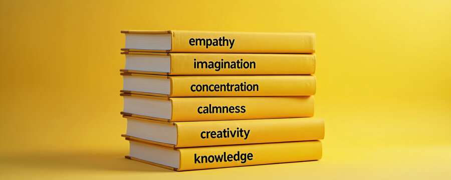 Stack of yellow books show important benefits of reading. Books display words empathy imagination concentration calmness creativity knowledge helping brain development.