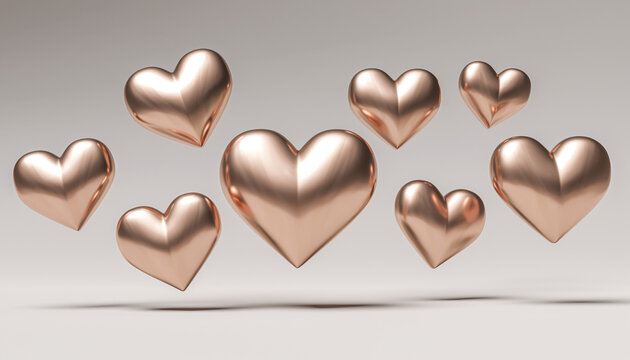 Several shiny rose gold heart shapes against a neutral background, perfect for valentines day designs, wedding invitations, and romantic projects.