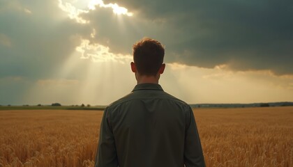 Obraz premium Man stands in golden wheat field looking up at stormy sky with sun rays breaking through. Back view of person watching dramatic weather over farmland. Peaceful solitude amidst nature.