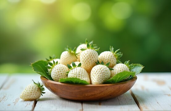 White strawberries in wooden bowl on white wooden table. Fresh pine berries hula strawberries with green leaves. Blurred green background with bokeh effect. Ripe white strawberry fruit in plate. One