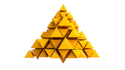 Bright yellow Christmas tree crafted from geometric triangular panels with subtle reflections, futuristic festive decor concept isolated on white background