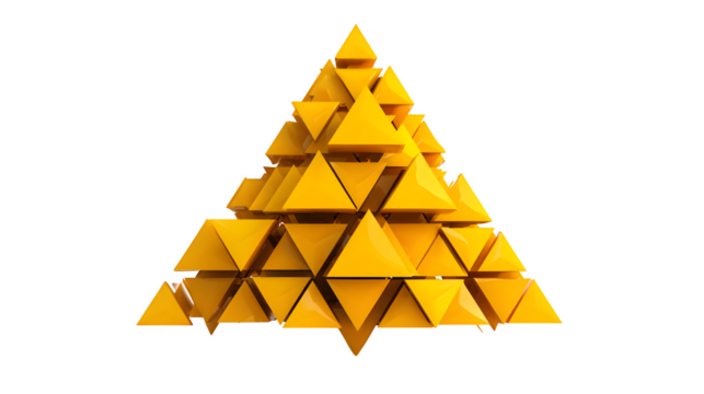 Bright yellow Christmas tree crafted from geometric triangular panels with subtle reflections, futuristic festive decor concept isolated on white background