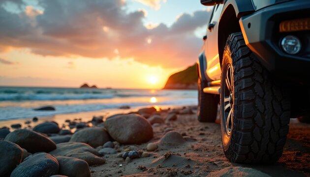 SUV tire on sand beach at golden sunset near ocean waves. Rocky shore coastline with dramatic sky, scenic drive adventure. Rugged terrain vehicle on vacation.