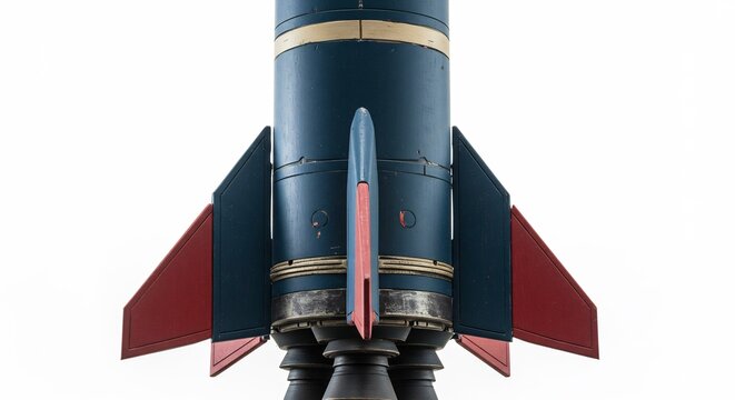 白い背景に輝く青と赤の精密なロケット模型。明るいスタジオ光がその美しいデザインを鮮やかに際立たせる。. AI Generated
