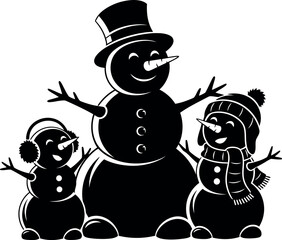 Snowman family with hat, earmuffs, scarf, winter holiday season