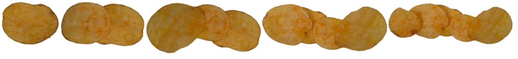 Isolated set of potato chips on a white background