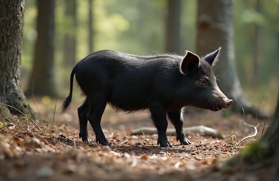 Young Berkshire hog stands in the forest. Black piglet walks on the ground covered with leaves. Rural scenery with animal at nature. Farm life in the wild.