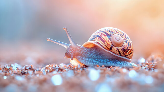 Delicate garden snail with beautiful spiral shell slowly glides across textured ground, illuminated by soft, warm light and surrounded by dreamy bokeh