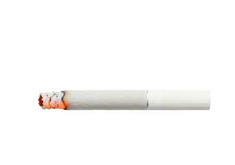 Burning cigarette isolated PNG on transparent background, close-up of smoldering tobacco stick for smoking cessation and health awareness concepts