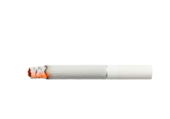 Burning cigarette isolated PNG on transparent background, close-up of smoldering tobacco stick for smoking cessation and health awareness concepts