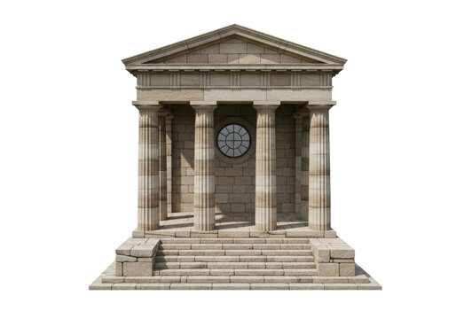 Ancient stone temple building isolated PNG, classical architecture with columns and steps on transparent background for historical designs - Powered by Adobe