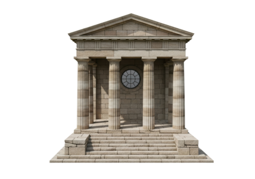 Ancient stone temple building isolated PNG, classical architecture with columns and steps on transparent background for historical designs