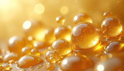 Golden oil bubbles float with soft light creating a luxurious liquid effect. This abstract background is perfect for beauty products. Many spheres shine and gleam.