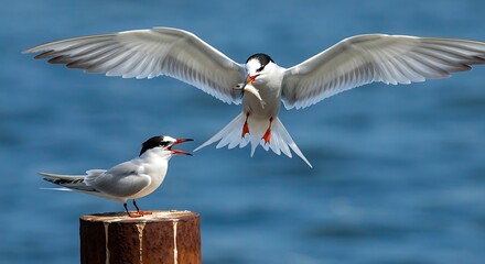 Common tern delivers fish to its mate on a post over blue water