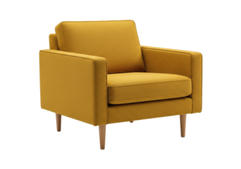 Stylish mustard yellow armchair isolated PNG, modern living room furniture on transparent background for interior design and home decor projects
