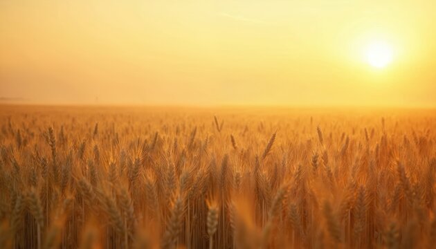 Golden wheat field at sunrise. Sunlight shines on a field of grain ready for harvest. Rural landscape shows agriculture, nature, farming. This photo symbolizes abundance and growth.