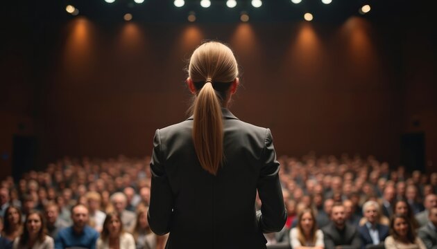 Businesswoman gives speech at conference. Female speaker presents to audience. Leader communicates business ideas at convention. Professional woman delivers presentation in auditorium.
