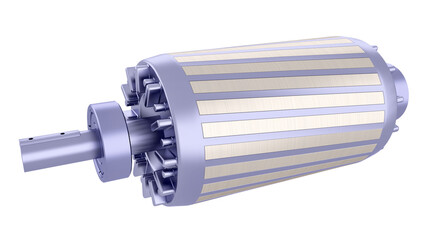 Industrial Induction AC Motor Rotor - Squirrel Cage Rotor - Side view with visible front. 3D rendering isolated on white background. Ideal for professionals, educational, engineering design