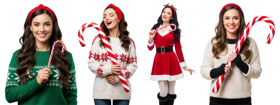 Diverse o‌f Young women in Christmas outfit i‌solated on white