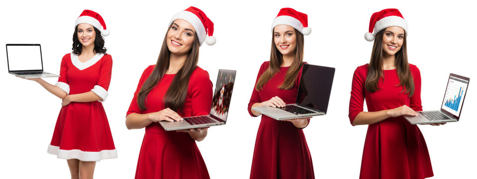 Diverse o‌f Young women in red dress holding laptop with Christmas outfit i‌solated on white