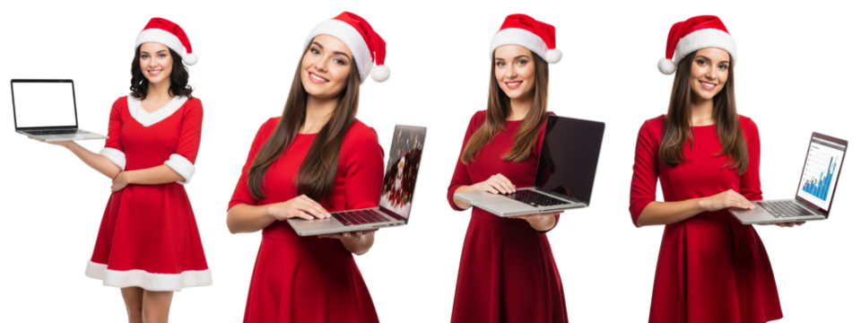 Diverse o‌f Young women in red dress holding laptop with Christmas outfit i‌solated on white