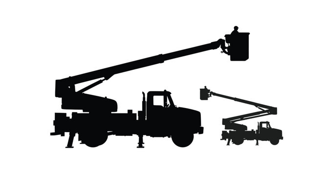 Silhouette illustration depicting various types of aerial lift construction vehicles