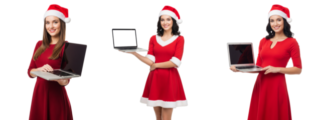 Diverse o‌f Young women in red dress holding laptop with Christmas outfit i‌solated on white
