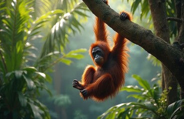 Naklejka premium Orangutan hangs on tree branch in rich jungle foliage. Great ape looks left, showing off its red fur. This primate is a symbol of wild nature and conservation.