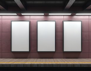 Three blank billboards on subway station wall. Mockup for advertising posters above wooden platform. Space for ads in underground transport hub.