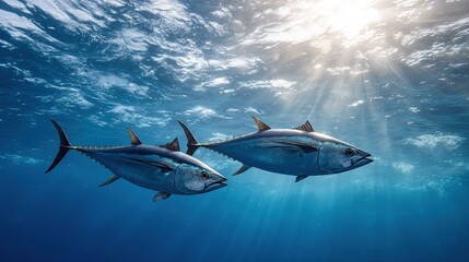 Two large bluefin tuna swim submerged in bright blue ocean water beneath  sunlit rippling water surface