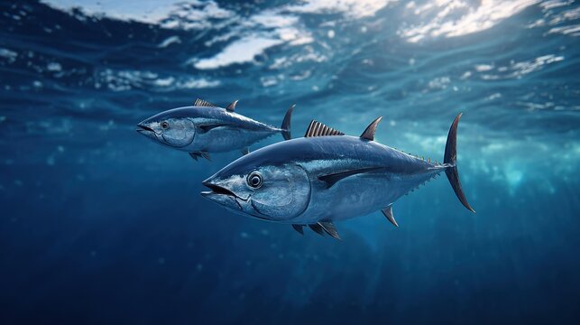 Two large bluefin tuna swim in  deep blue ocean water with sunlight filtering through  surface above them