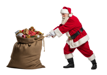 Santa Clause with big gif‌t bag isolated on white
