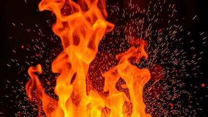 Vibrant flames and sparks captured dynamically against a transparent backdrop, radiating energy.