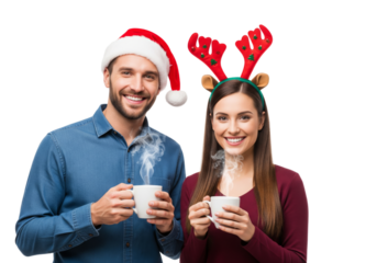 Happy couple with christmas outfit holding coffee cup isolated on white