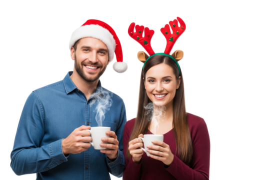 Happy couple with christmas outfit holding coffee cup isolated on white