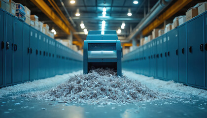 Shredding machine overflows with paper in a storage room. Confidential data destruction process at workplace. Archive with documents security and privacy concept. Data breach risk.