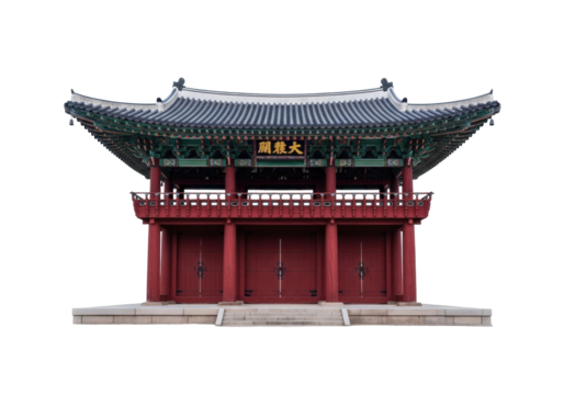 Korean traditional pavilion PNG isolated on transparent background, historic architecture with ornate roof and red pillars, cultural landmark