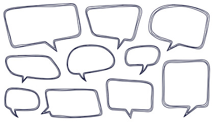 Collection of hand drawn speech bubbles and thought bubbles with a sketchy double line outline on a white background perfect for communication and idea concepts