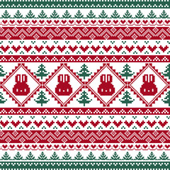 Pixel Seamless Nordic Christmas Pattern with Bunny and Christmas Trees