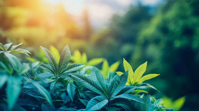 Close-up of vibrant green and teal foliage bathed in warm golden sunlight, creating fresh and natural botanical background with soft bokeh blur - Powered by Adobe