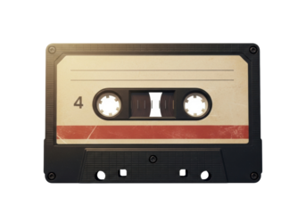 Retro audio cassette tape isolated PNG, vintage music storage device with number 4 and red stripe on transparent background