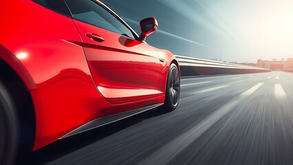 A sleek sports car in motion, its red exterior contrasting with the blurred asphalt background.
