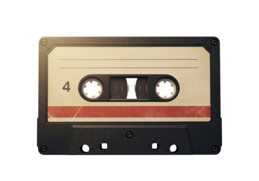 Retro audio cassette tape isolated PNG, vintage music storage device with number 4 and red stripe on transparent background - Powered by Adobe