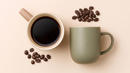 Obraz premium Flat lay of two ceramic mugs in muted earth tones with coffee beans arranged on a pale background, creating a serene and inviting atmosphere for beverage lovers
